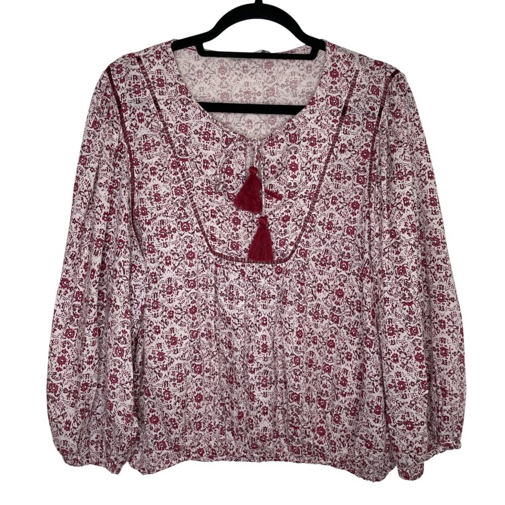 Lucky Brand Womens Floral Boho Peasant Blouse With Tassel Tie  Womens Size L